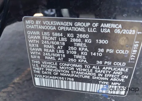 2023 Volkswagen Atlas 2.0T Se z USA, uszkodzony, nr VIN 1V2LP2CA6PC551758